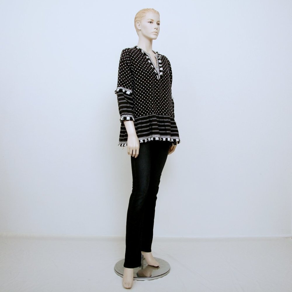 Seed Heritage Embroidered Polka Dot Stripe Fringe V Neck Long Sleeve Blouse